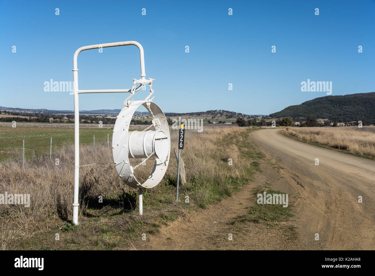 Roadside Mail Box beside a Gravel Road at Manilla, west of the Great Dividing Range, NSW Australia. Stock Photo