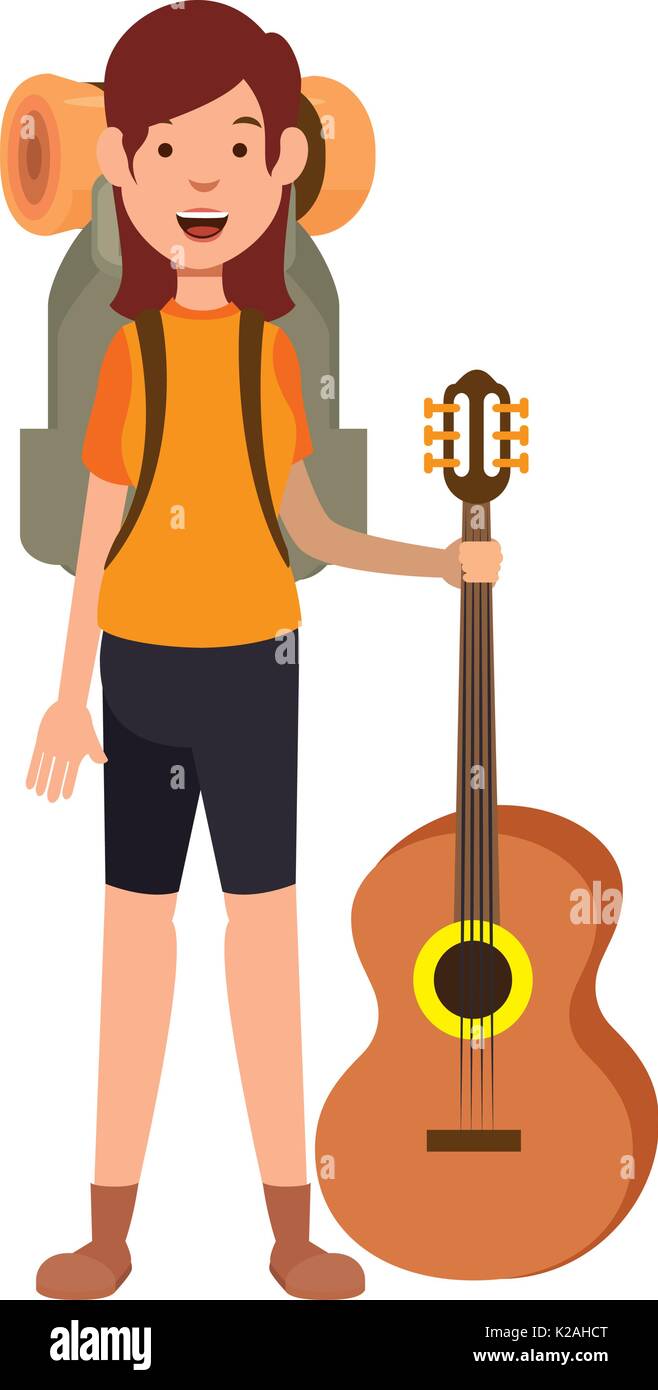 camping woman with travel backpack and guitar icon over white ...