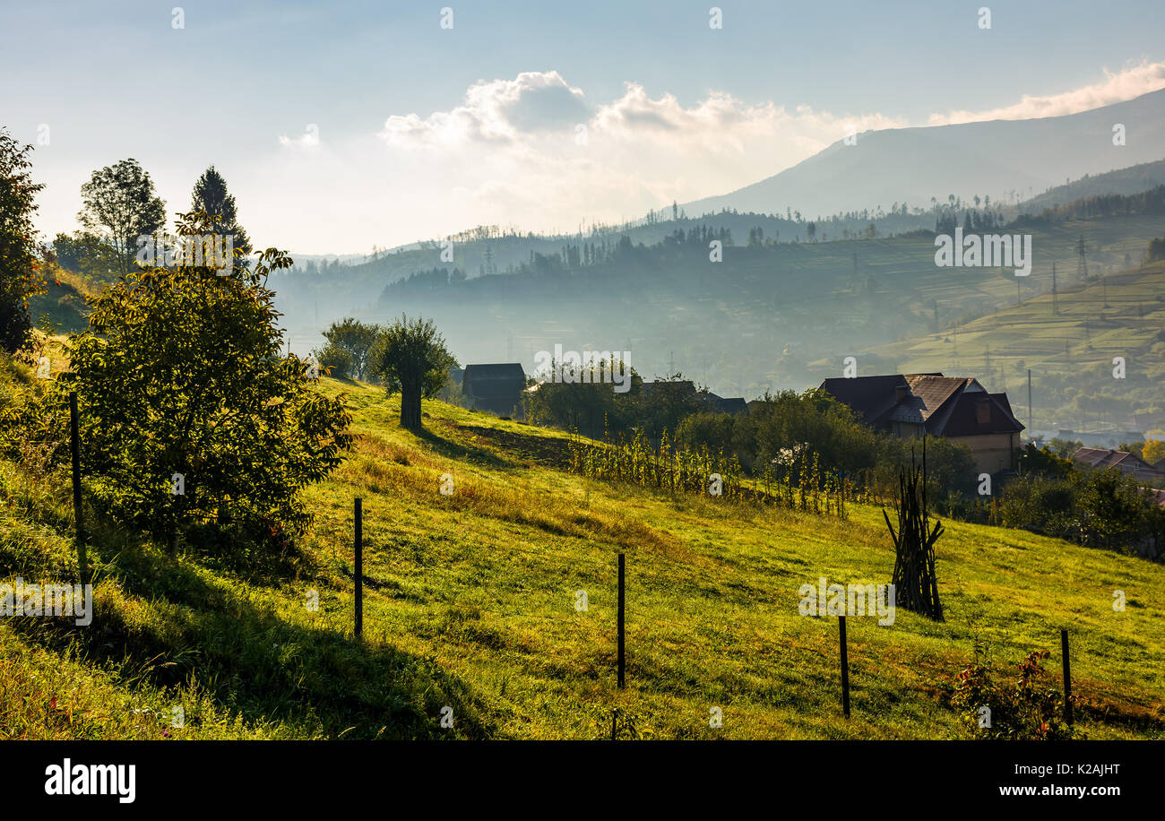 lovely Carpathian countryside in mountains. beautiful rural scenery in early autumn morning Stock Photo