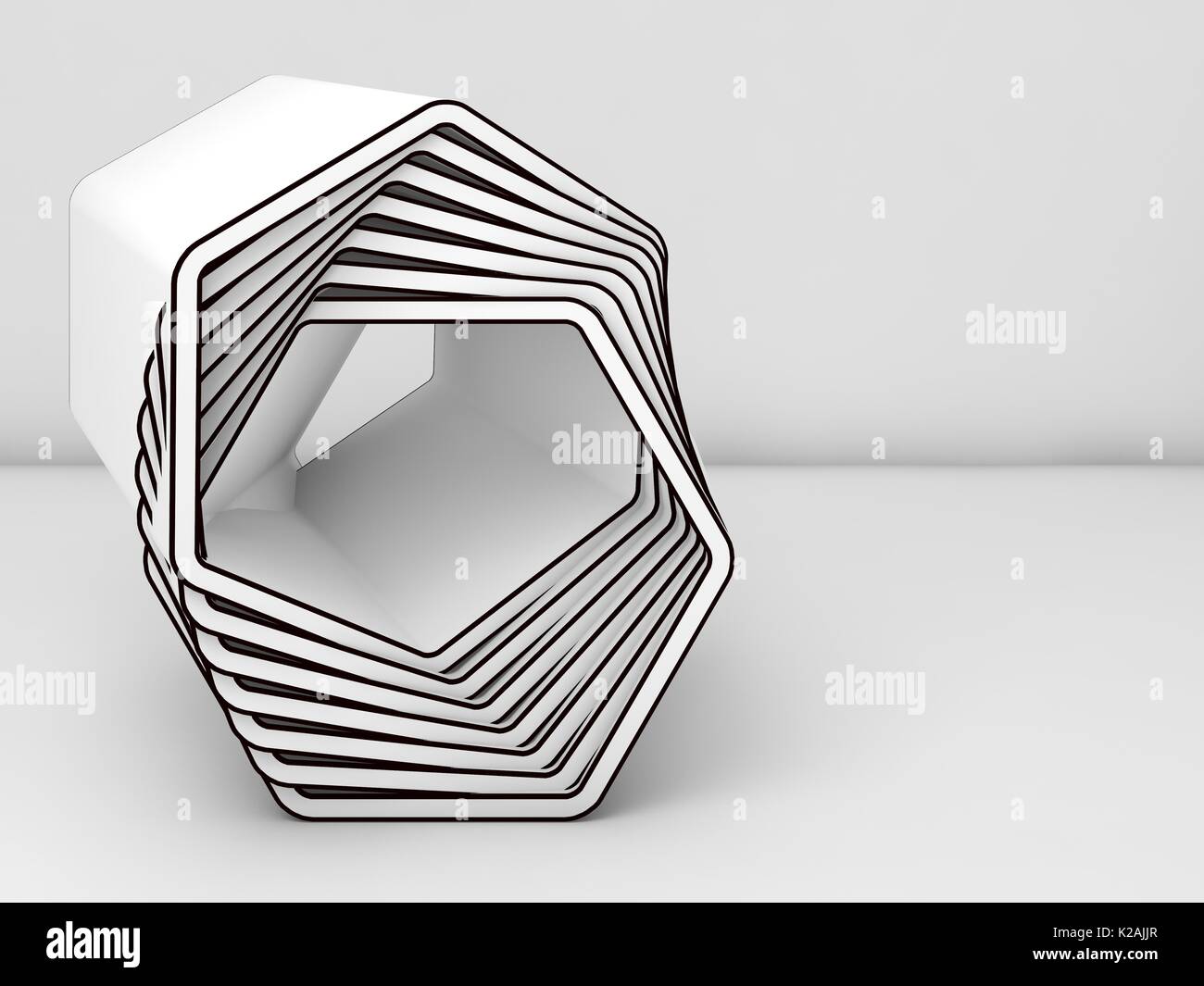 Abstract white installation art object with black contours in empty ...
