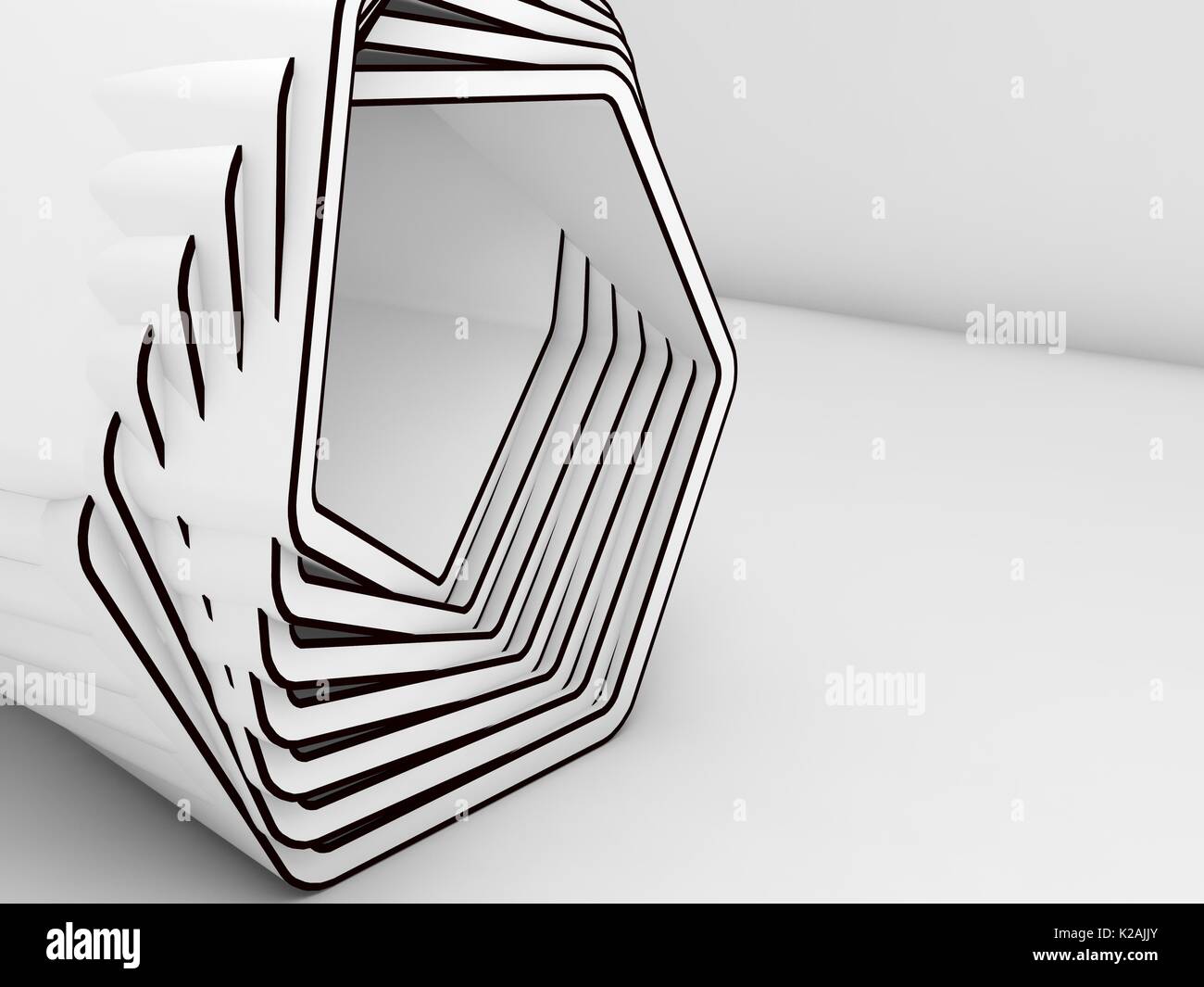 Abstract white installation object with black contours in empty room ...