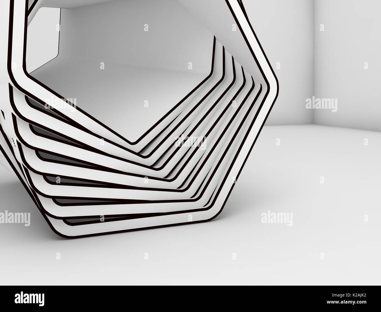 Abstract white installation with black contours in empty room interior ...