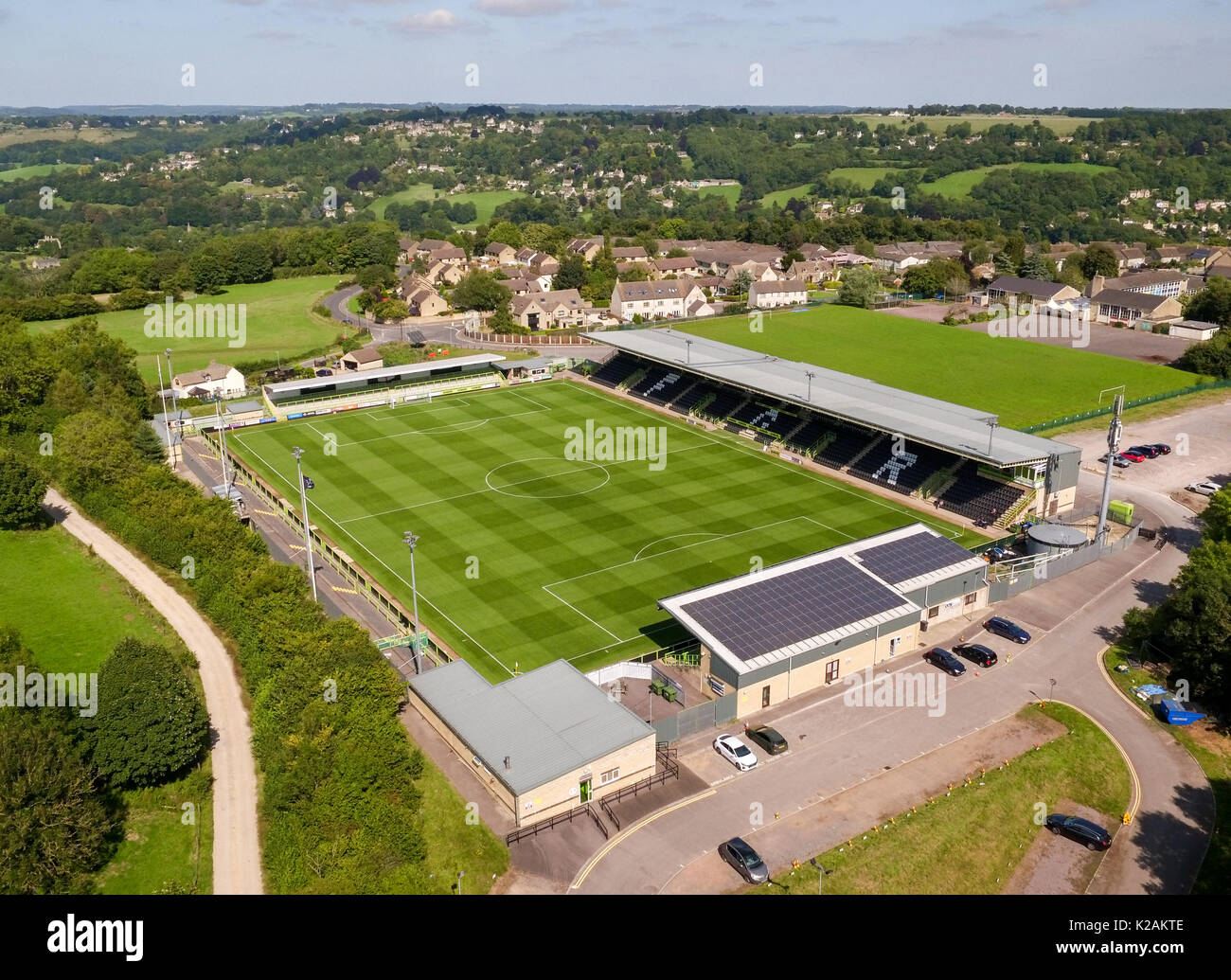 An aerial view of Forest Green Rovers FC ground in Nailsworth, Gloucestershire Stock Photo