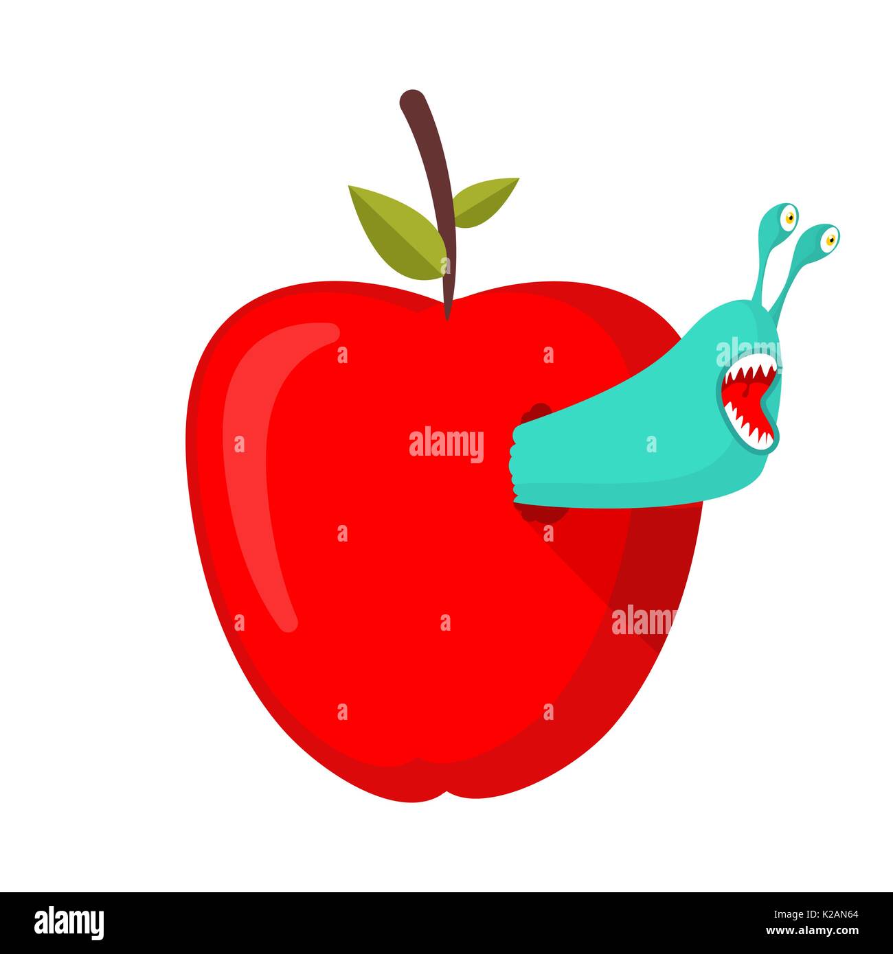 Worms eat red apple. Parasites Pests in fruit Stock Vector