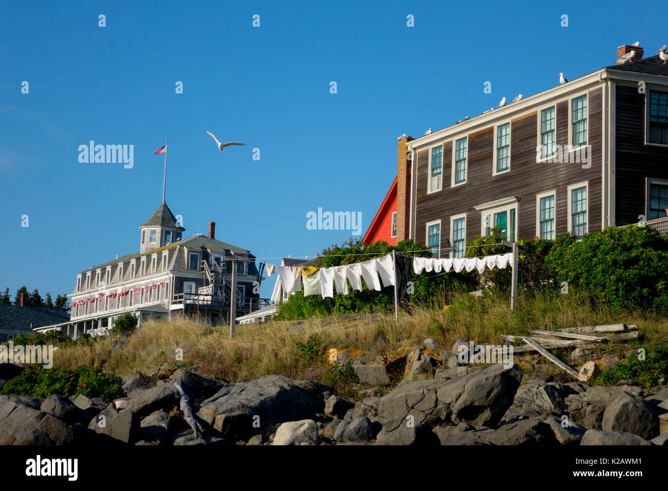 USA Maine ME Monhegan Island The Island Inn and homes with laundry line
