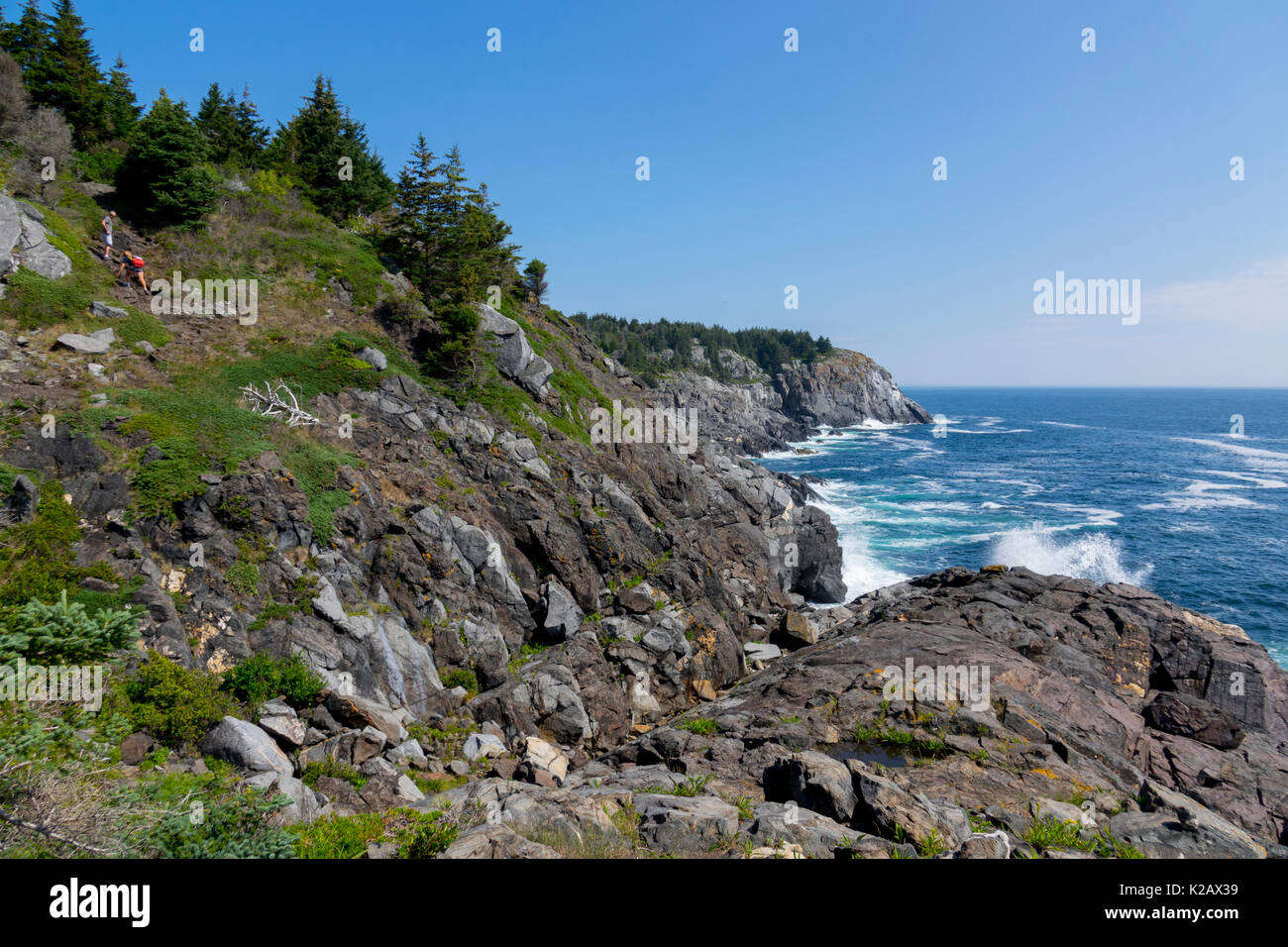 USA Maine ME Monhegan Island in Penobscot Bay in the Atalntic Ocean Couple Hiking trails Stock Photo