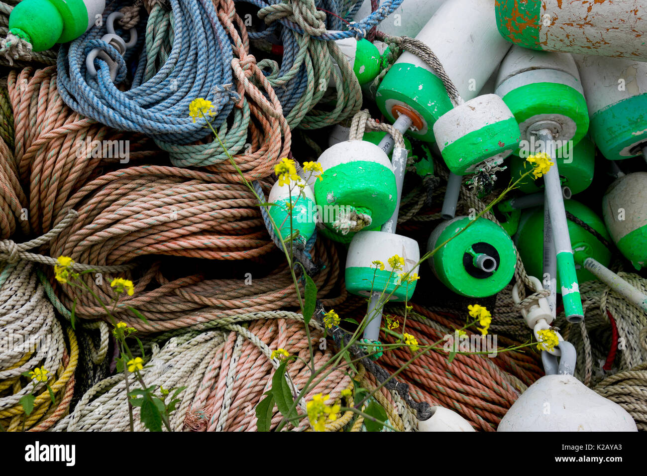 USA Maine ME Monhegan Island Floats and ropes used by lobster fishermen are in a pile waiting for the fishing season Stock Photo