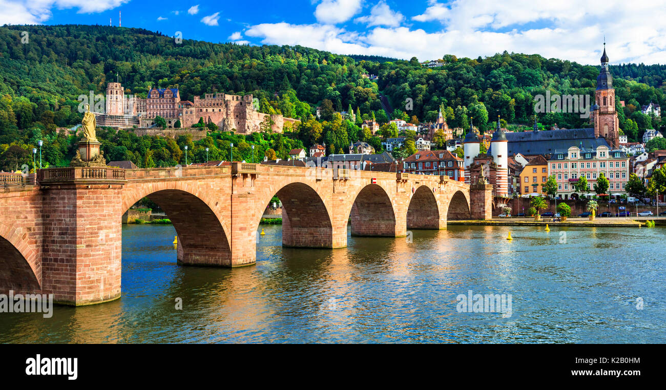 Travel in Germany - beautiful medieval Heidelberg town. Panoramic view with Karl Theodor bridge Stock Photo