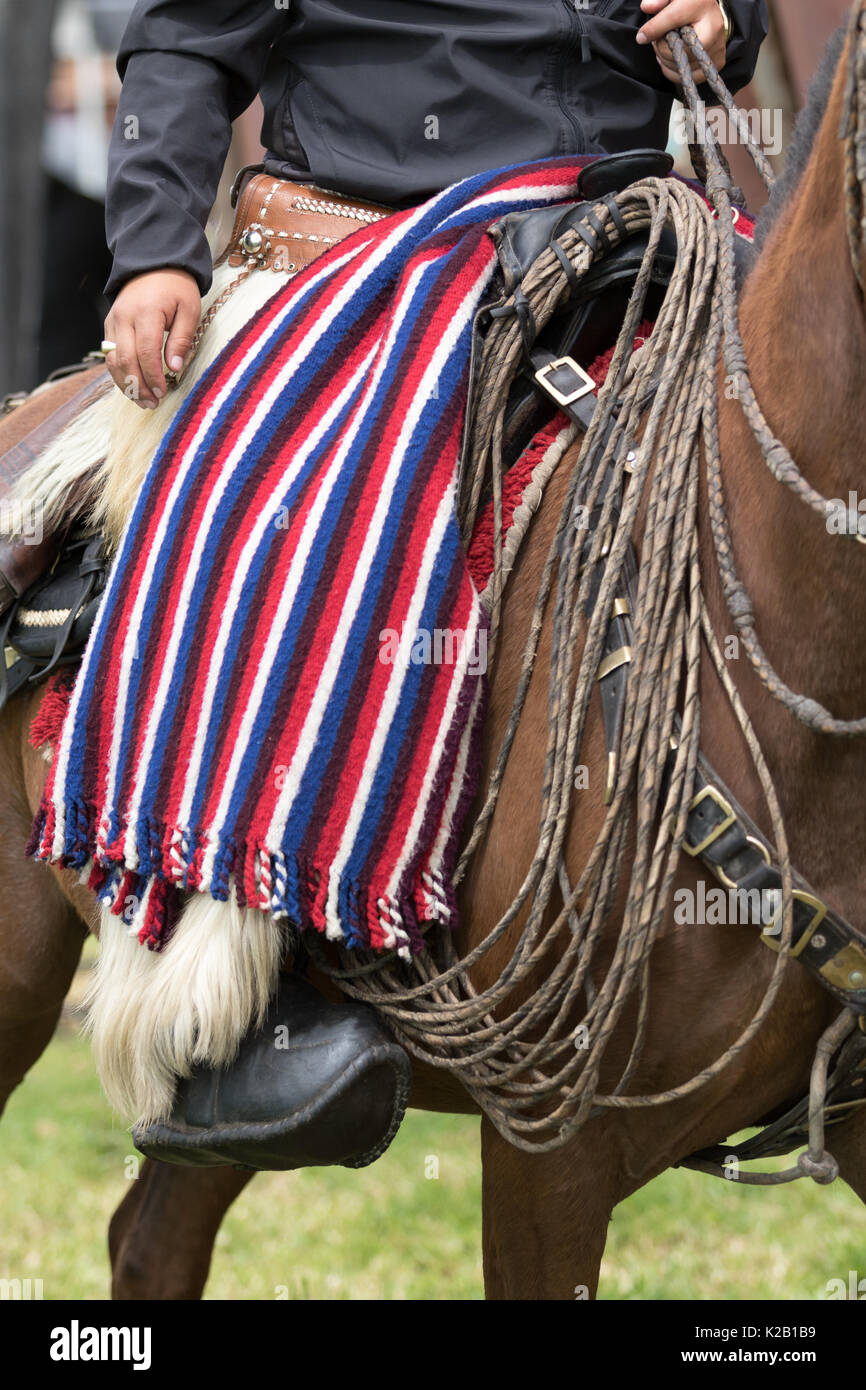 June 3, 2017 Machachi, Ecuador: cowboy on horseback wearing folded poncho over lap Stock Photo