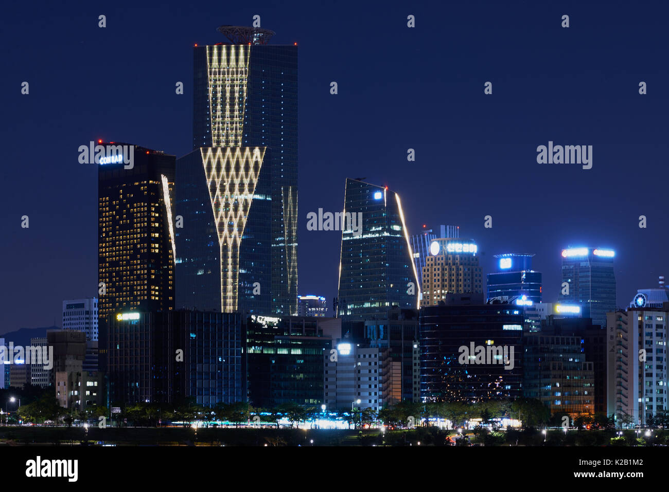 Seoul, Republic of Korea - 27 September 2015: View on Yeouido island at night. It is main district for banking and finance in Seoul. Stock Photo