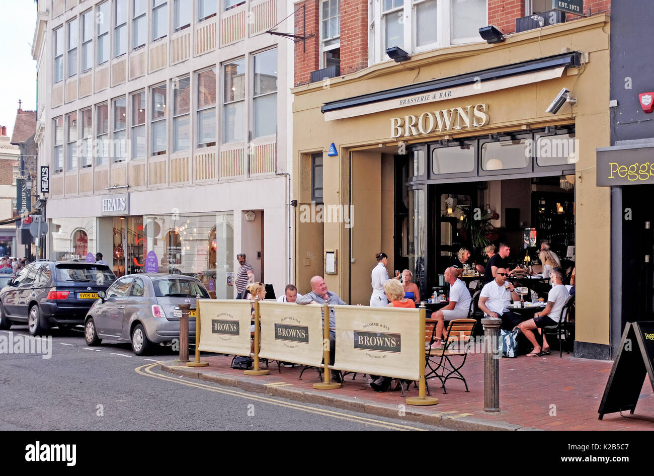 Brighton summer views in August 2017 - Famous Browns Bar & Brasserie restaurant in city centre with people eating outside Stock Photo
