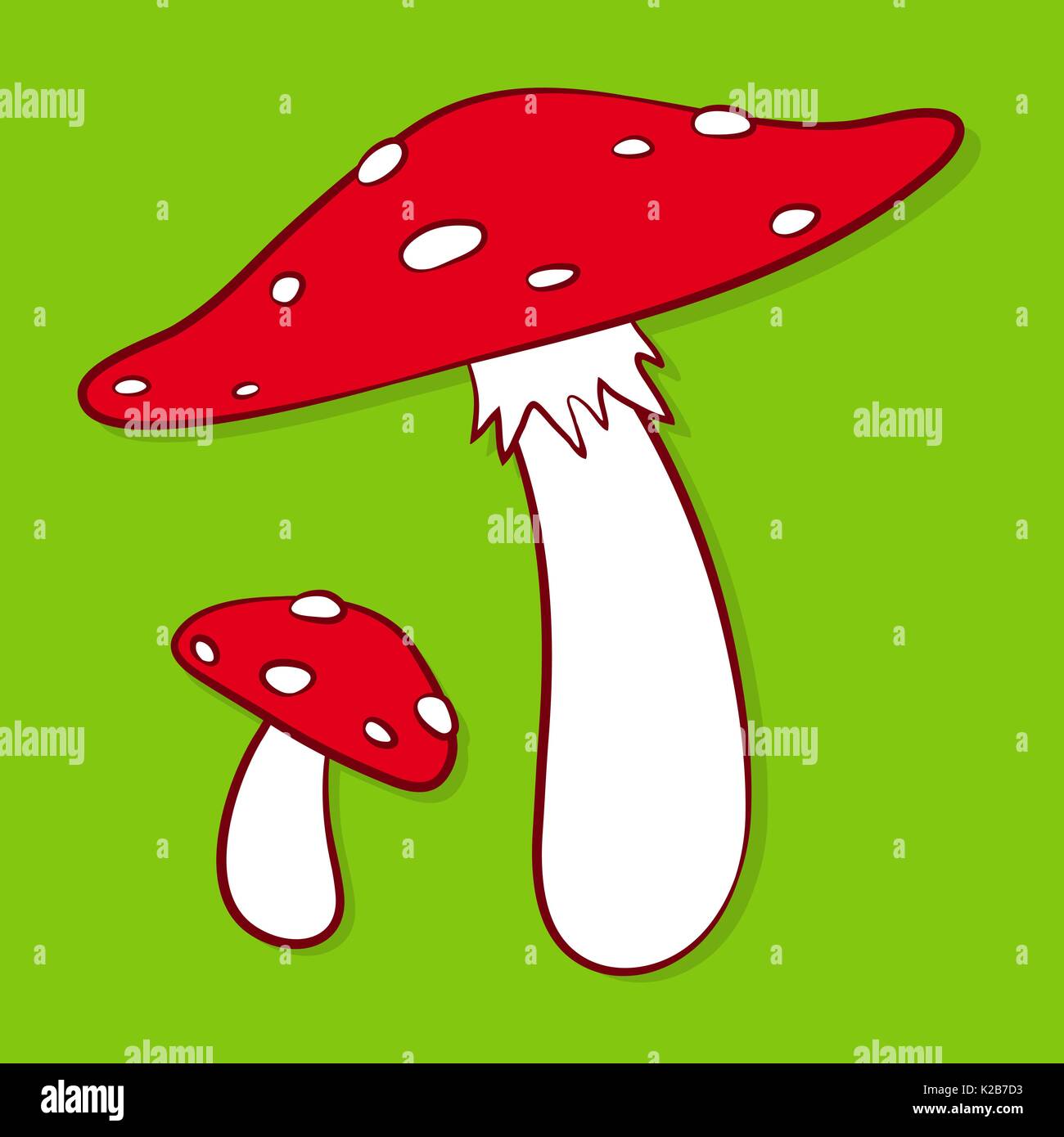 Cartoon illustration of colourful red spotted fly agaric mushrooms on a green background - illustration Stock Vector