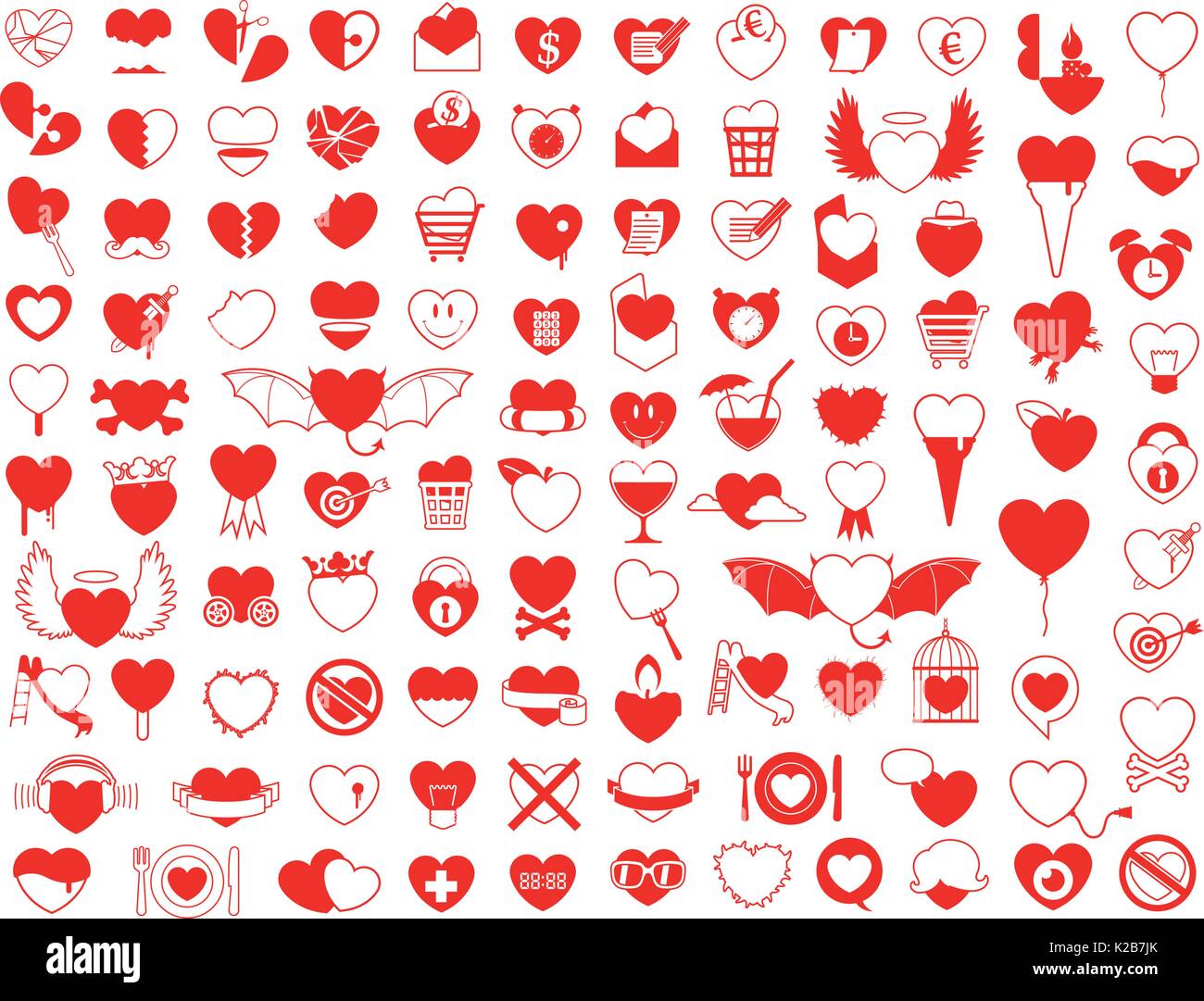 Big collection of red silhouette vector heart icons covering love, romance, objects, broken hearts and design elements - illustration Stock Vector