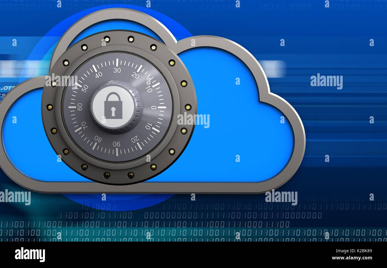 3d illustration of cloud with combination lock over cyber background ...