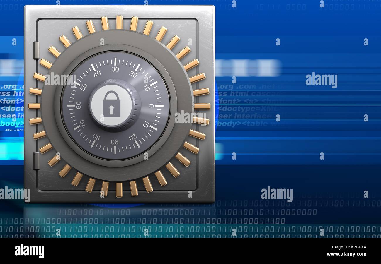 3d illustration of metal safe with combination lock over cyber ...