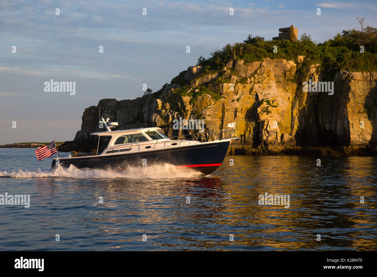 Motorboat 'Back Cove Downeast 37' running in Portland, Maine, USA, July 2013. Stock Photo
