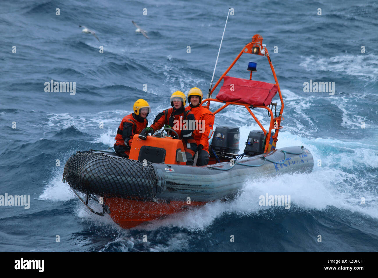 Norwegian coastguard fisheries inspectors on patrol on the North Sea. Aug 2015. Stock Photo