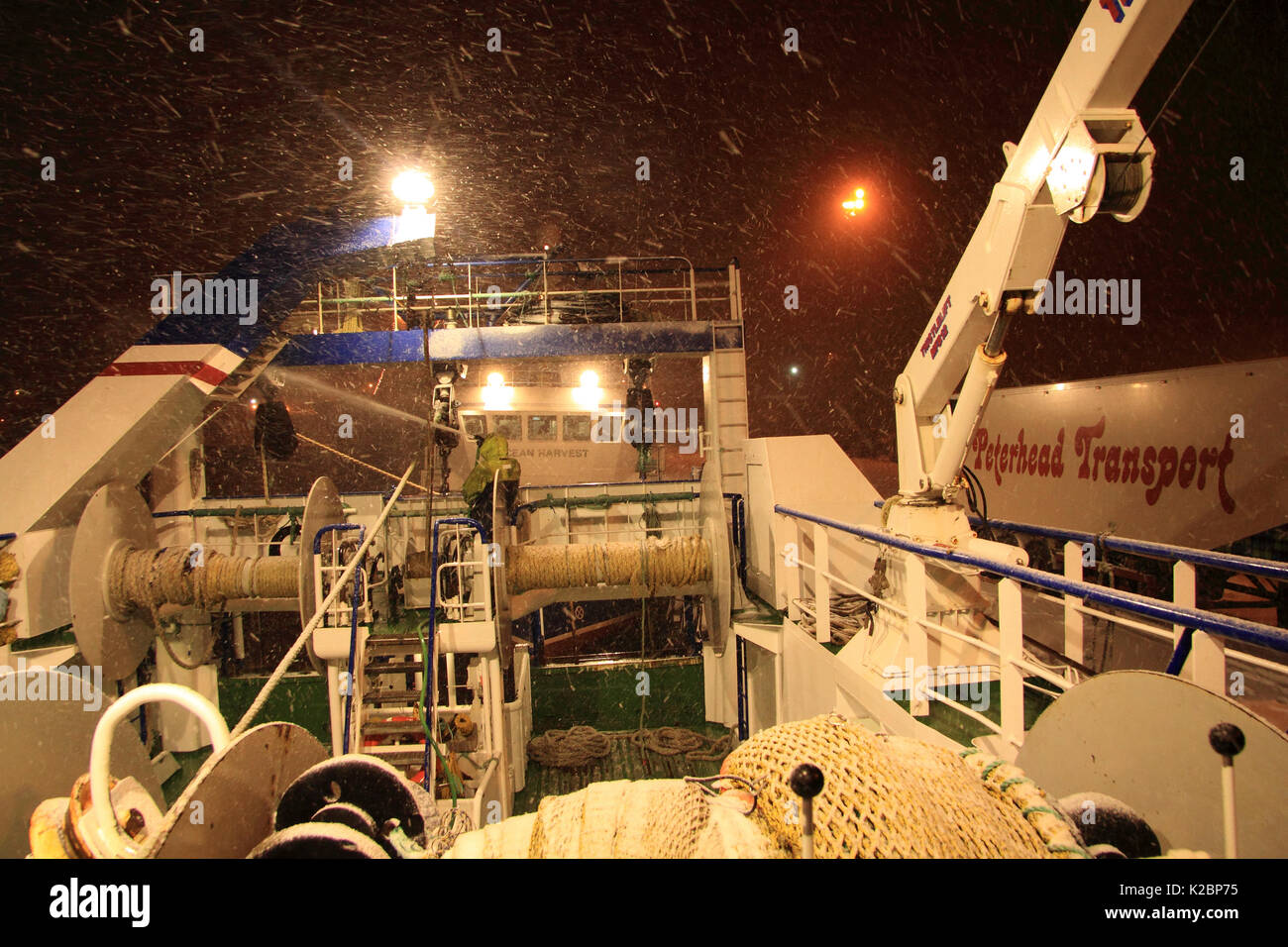 Fishing vessel Ocean Harvest hauling in North Sea storm. November 2015. Stock Photo
