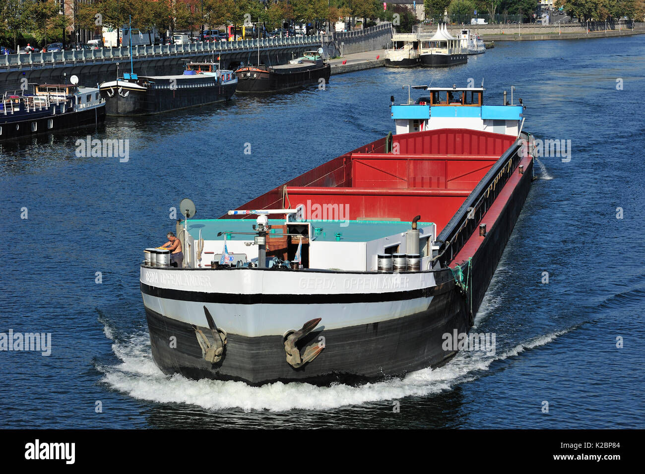 Empty inland canal barge on river Meuse at Namur, Belgium, Europe. October 2011. Stock Photo