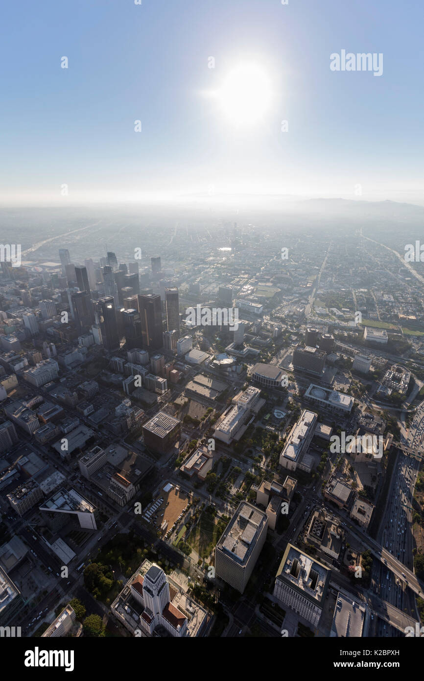 Sunny afternoon aerial view of urban streets and towers in downtown Los Angeles, California. Stock Photo