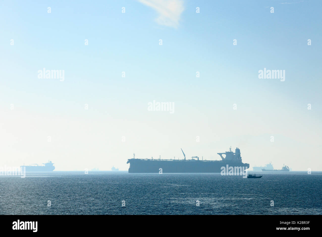 Oil tankers in the Gulf of Oman, seen from the Ferry Musandam to Shinas (Oman), United Arab Emirates. All non-editorial uses must be cleared individually. Stock Photo