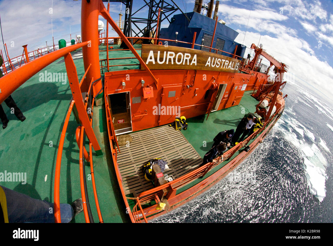 High angle view of the deck of the icebreaker 'Aurora Australis', Antarctica. All non-editorial uses must be cleared individually. Stock Photo