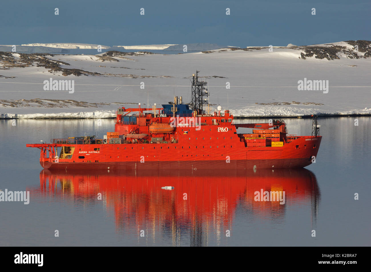 Icebreaker 'Aurora Australis' in calm waters, Antarctica. All non-editorial uses must be cleared individually. Stock Photo