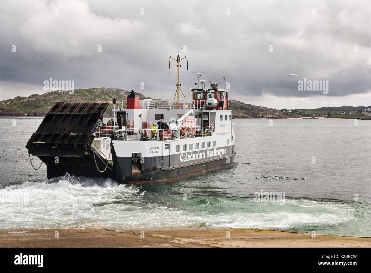 The Iona ferry 'Loch Buie' leaving Iona for Fionnphort on Mull, Scotland, UK. All non-editorial uses must be cleared individually. Stock Photo