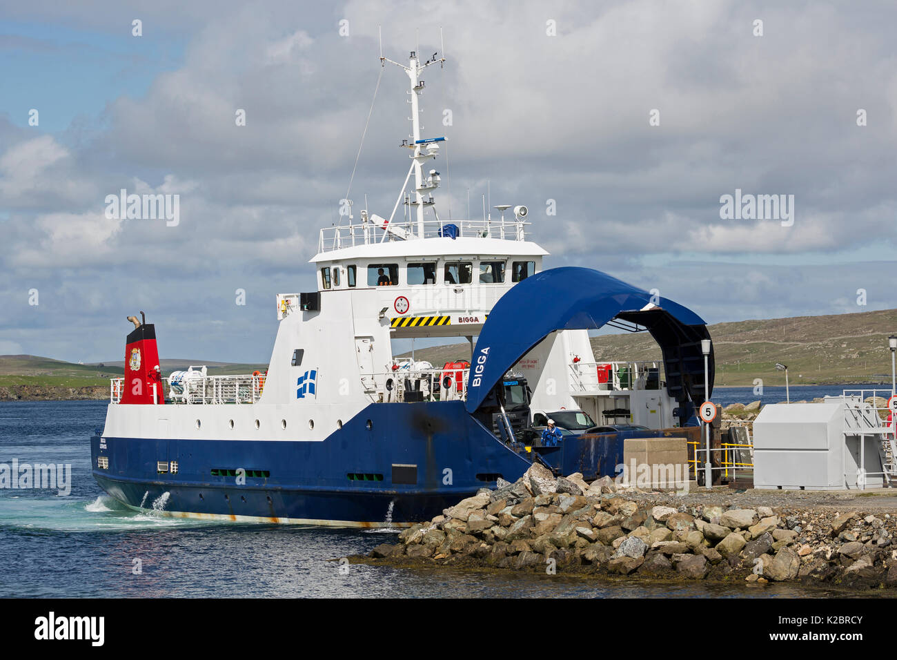 Inter-island ferry 'Bigga' at Yell, one of the North Isles of Shetland, Scotland. All non-editorial uses must be cleared individually. Stock Photo