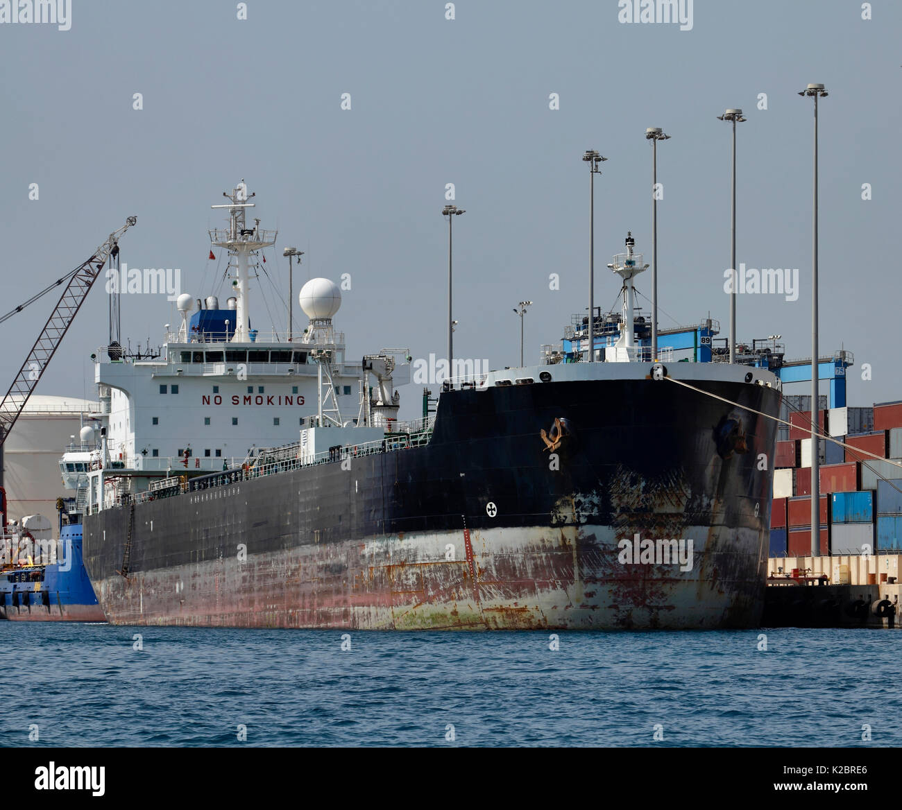Empty oil tanker docked at Marsaxlokk, Malta. All non-editorial uses must be cleared individually. Stock Photo
