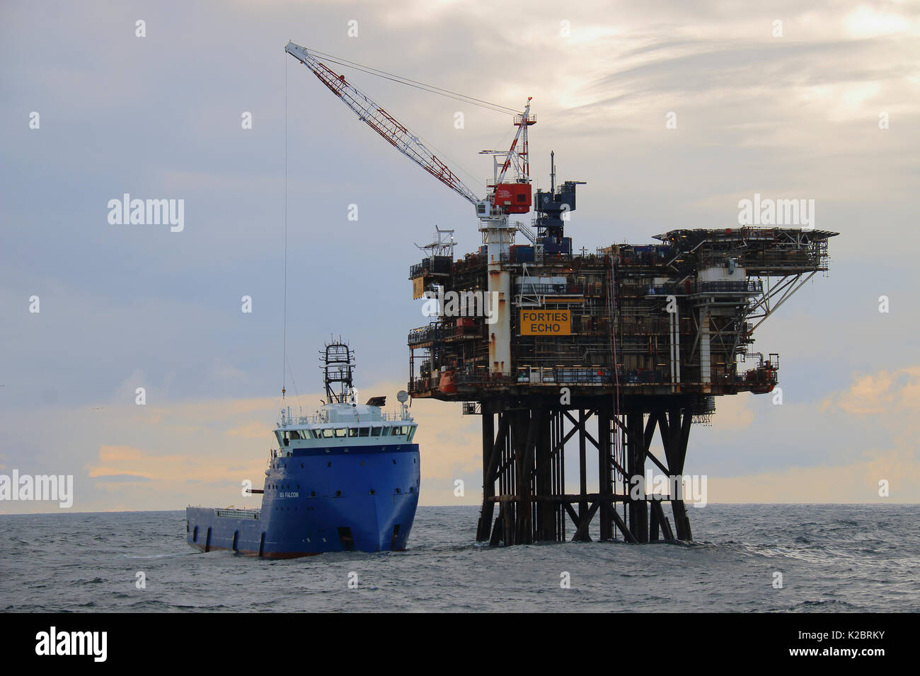 Supply vessel 'Sea Falcon' offloading cargo at the 'Forties Echo' platform, North Sea, October 2014.  All non-editorial uses must be cleared individually. Stock Photo