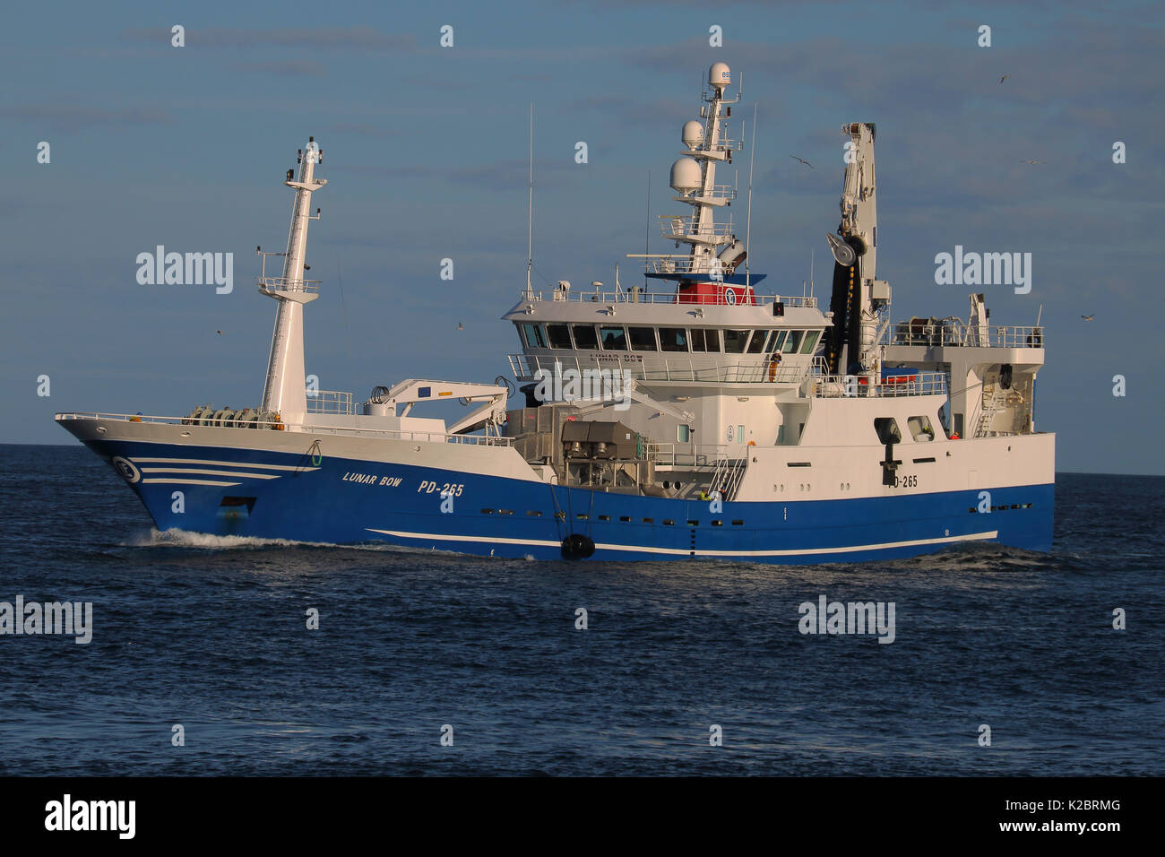 Pelagic fishing vessel 'Lunar Bow' approaching harbour, October 2014.  All non-editorial uses must be cleared individually. Stock Photo