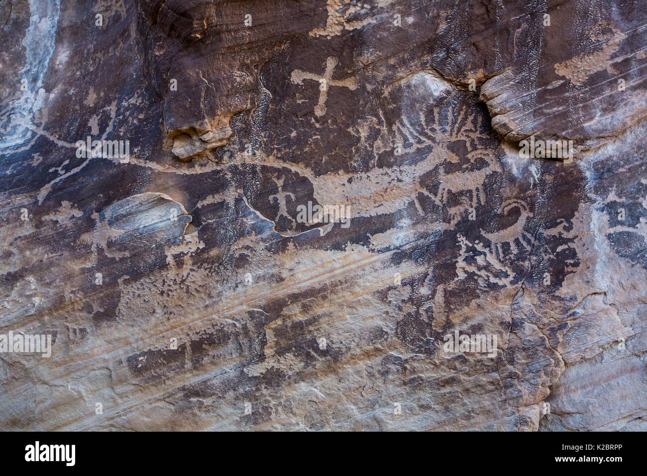 Native American petroglyph rock art is carved into the Aztec sandstone ...