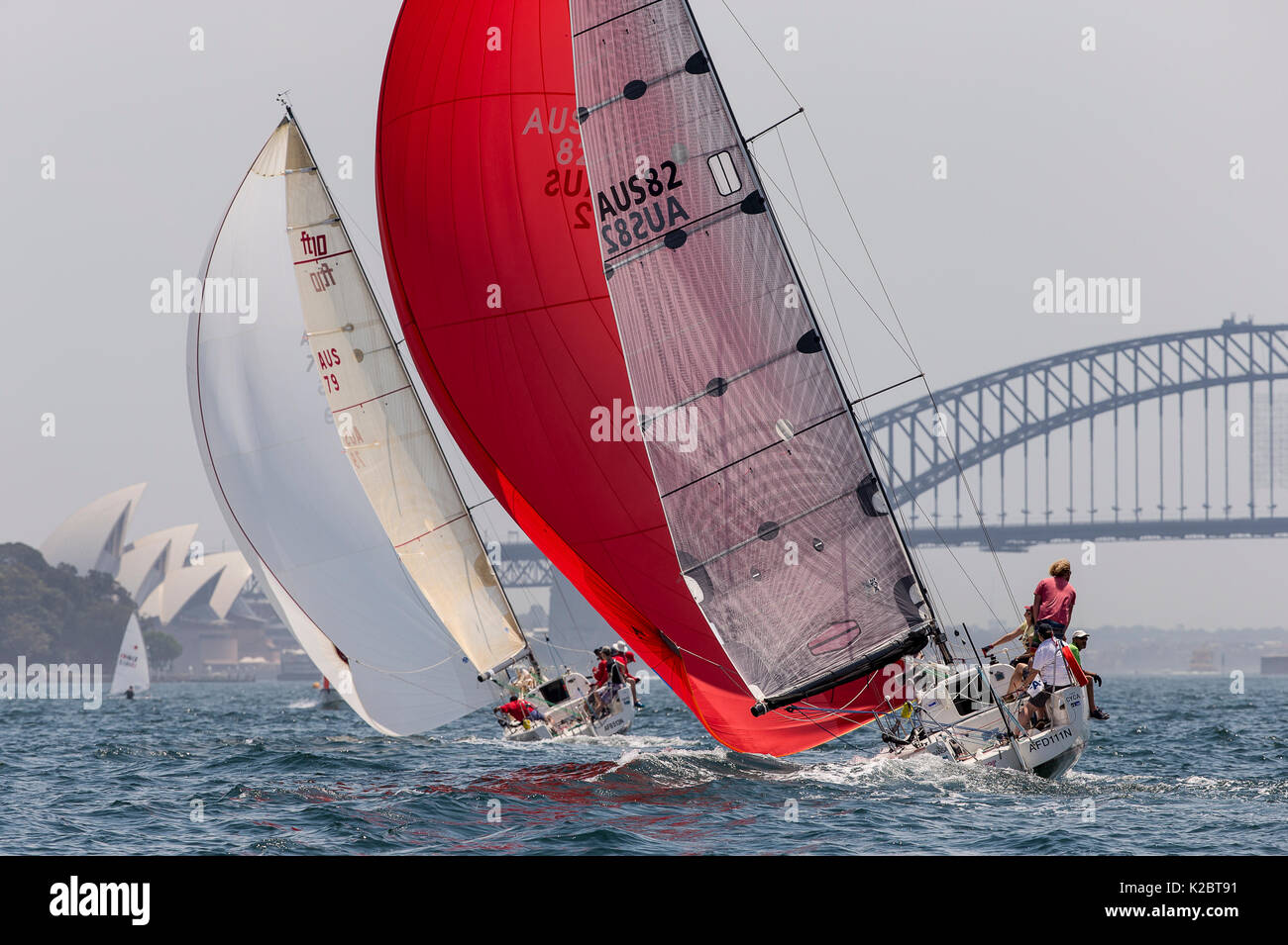 Sailboats with spinnakers out, racing in the Sydney Harbour, New South Wales, Australia, October 2012. All non-editorial uses must be cleared individually. Stock Photo