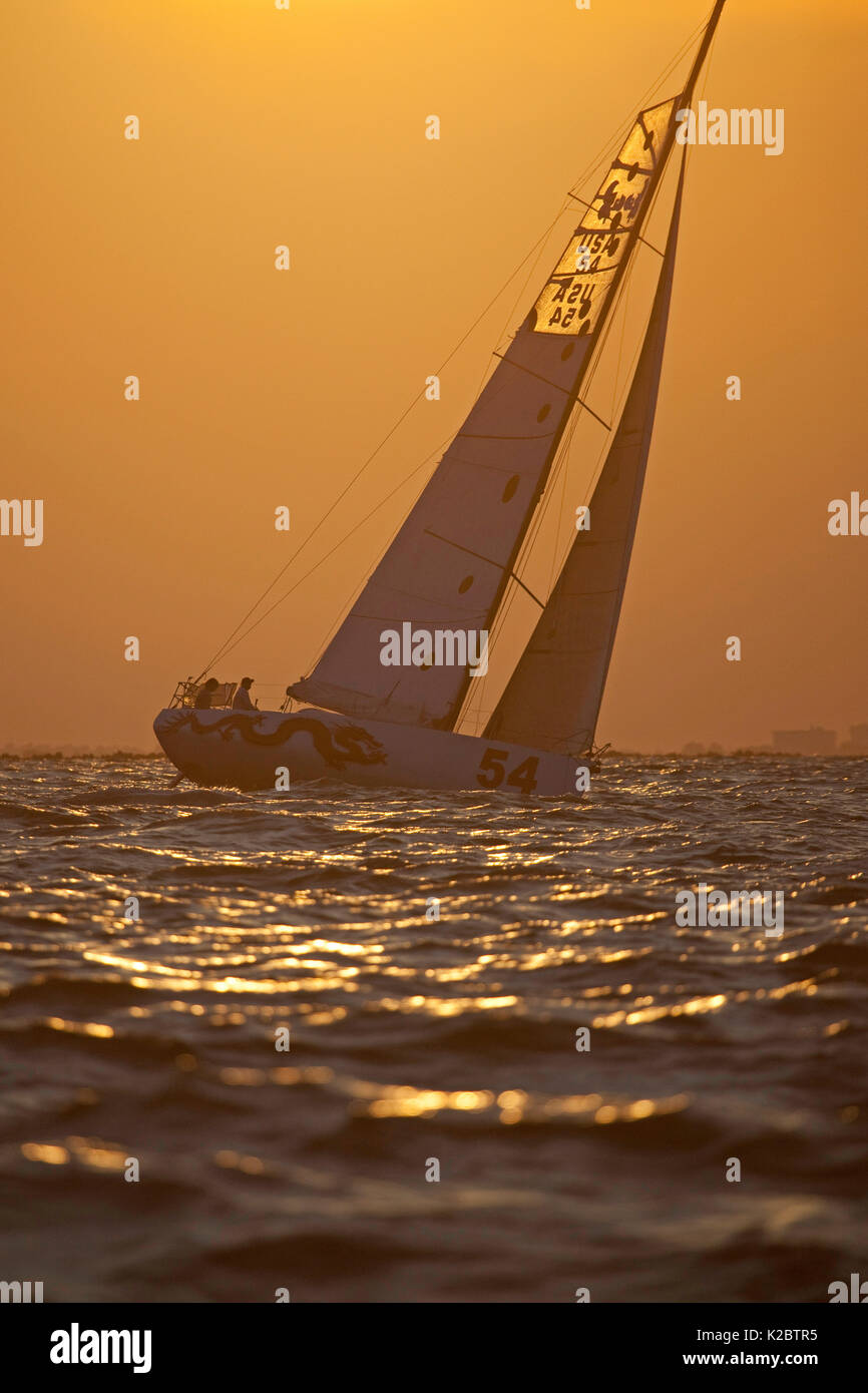 Yacht sailing at sunset at the Atlantic Cup race start, Charleston, South Carolina to New York, USA, May 2012. Stock Photo