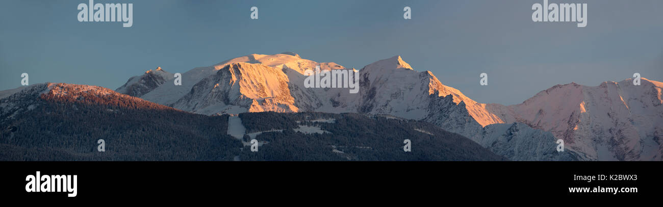 Panorama of Mont Blanc in the last evening light, viewed from the French side. Switzerland. December 2012. Stock Photo
