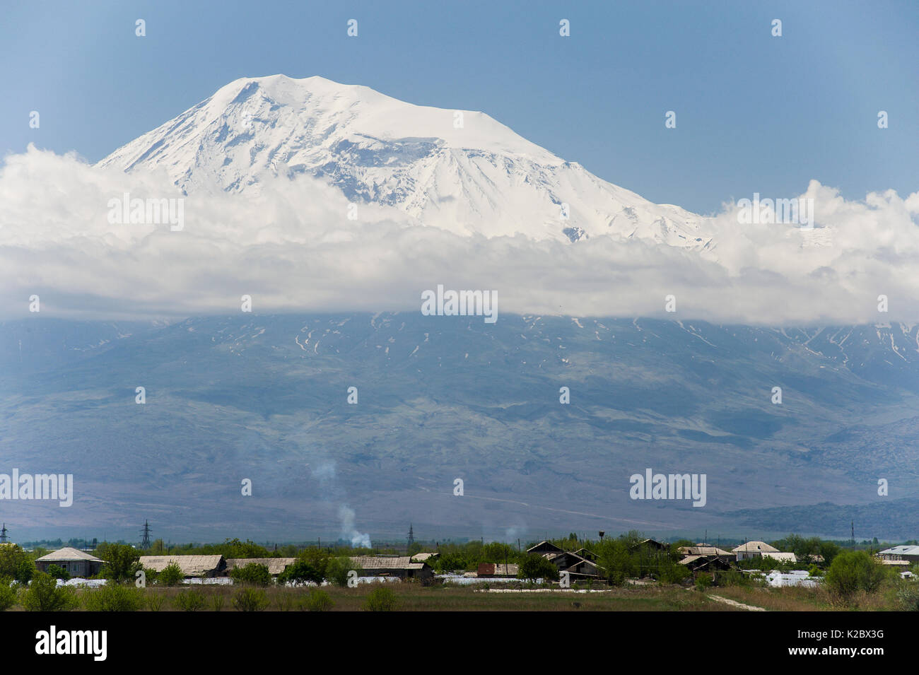 Snow covered Mount Ararat in Turkey, seen from Eriwan, Armenia, April. Stock Photo