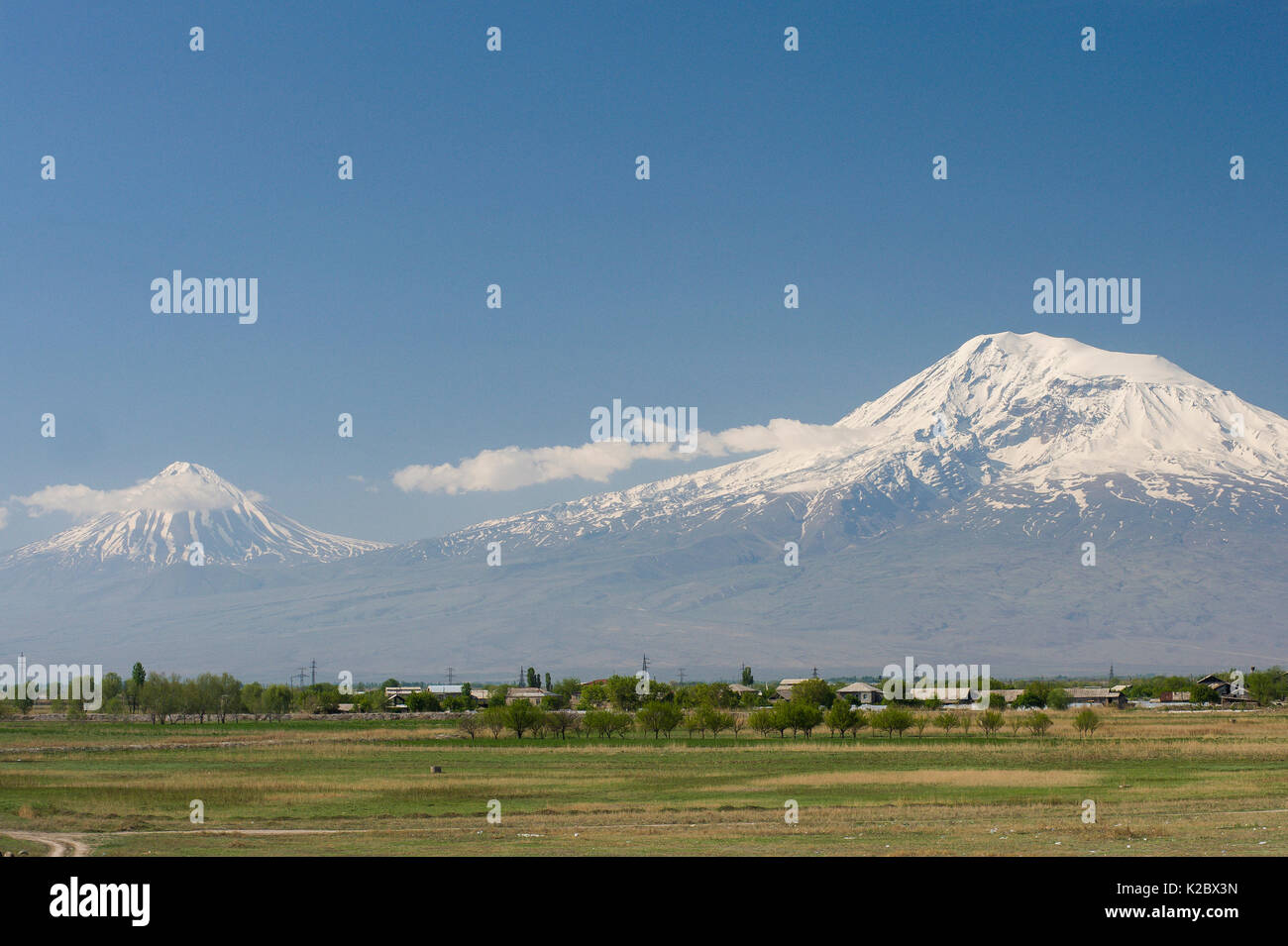 Mount Ararat (right) and Lesser Mount Ararat (left) in Turkey, seen from Eriwan, Armenia, May. Stock Photo