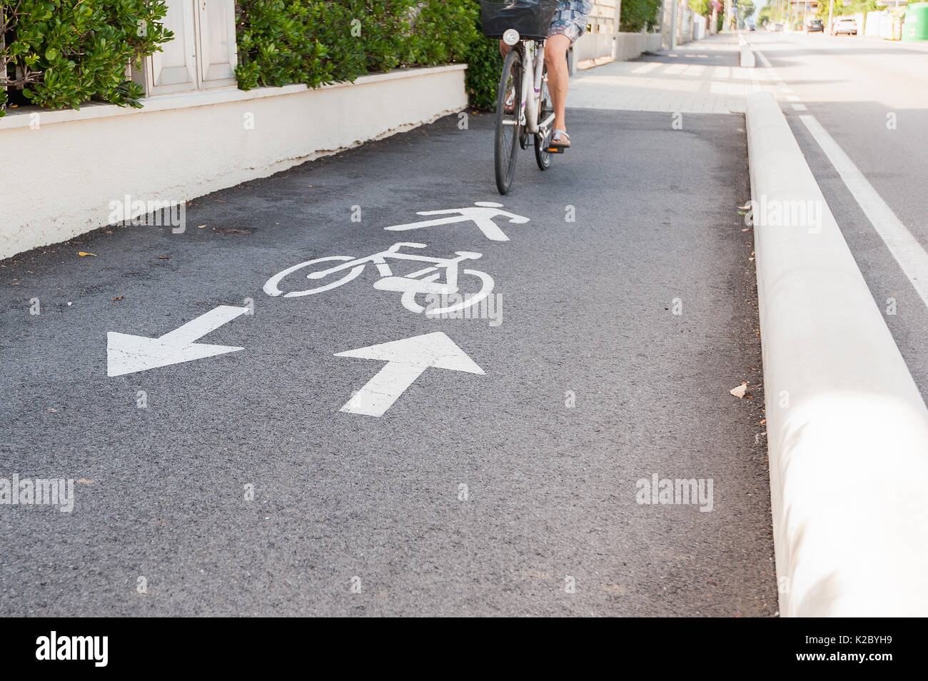 Bicycle road sign and arrow. A bike lane for cyclist. Stock Photo