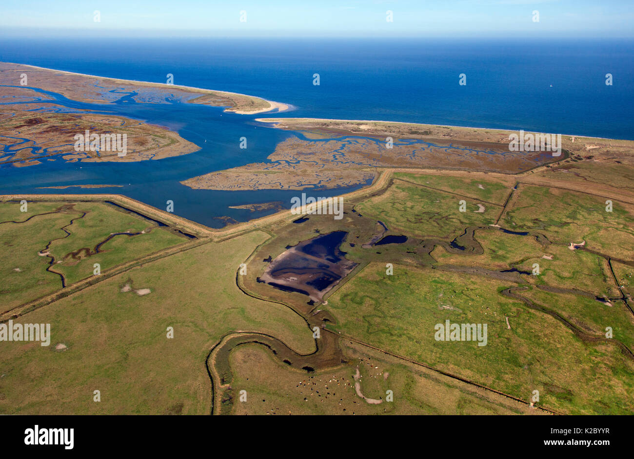 Aerial view of Scolthead Island and Burnham Overy dunes, Norfolk, England, UK, September 2009. Stock Photo