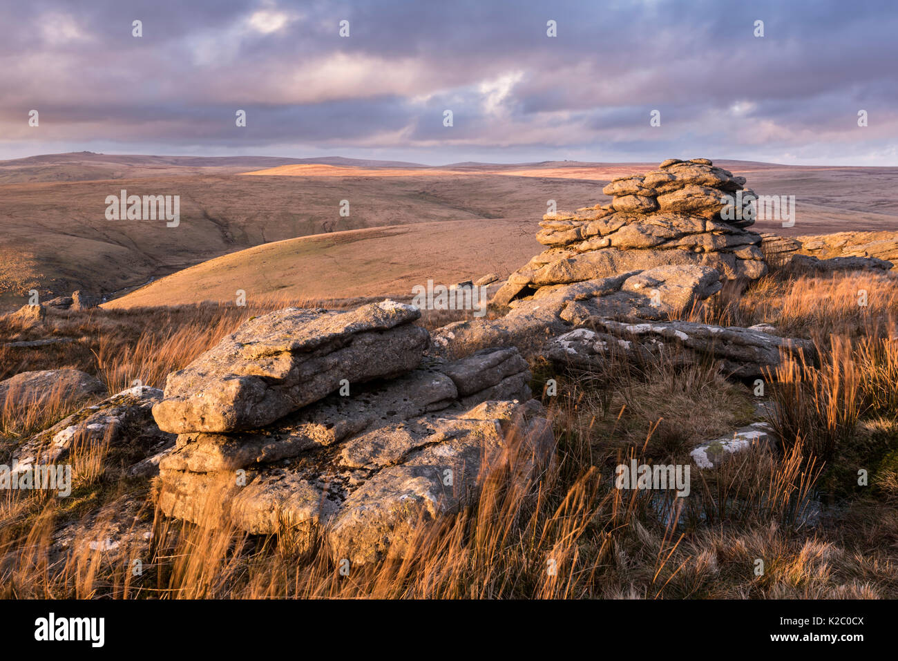 View of moorland from Great Mis Tor, Dartmoor National Park, Devon, UK. March 2015. Stock Photo