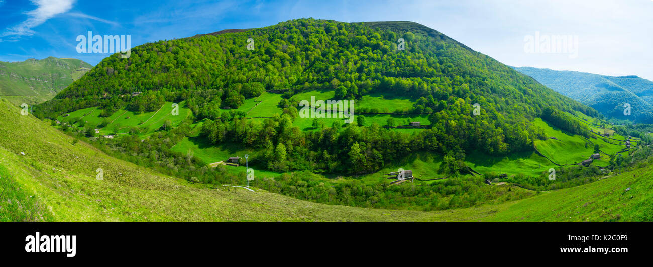 View of the landscape around Vega de Pas, Valles Pasiegos, Cantabria, Spain, May 2015. Stock Photo