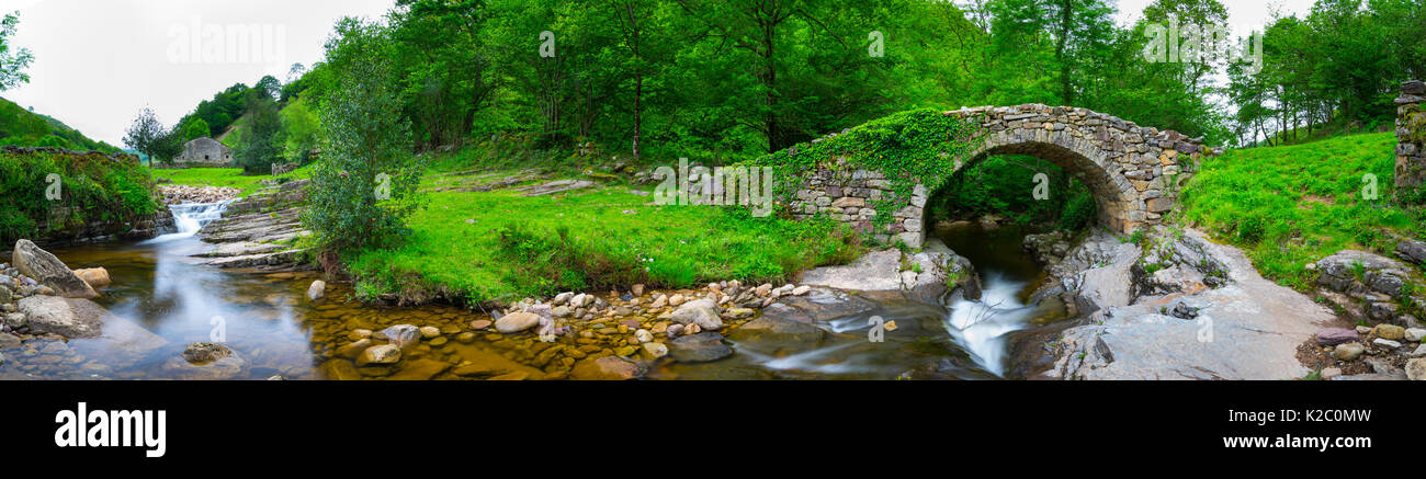 Old stone bridge over a river, Vega de Pas, Valles Pasiegos, Cantabria, Spain, May 2015. Stock Photo