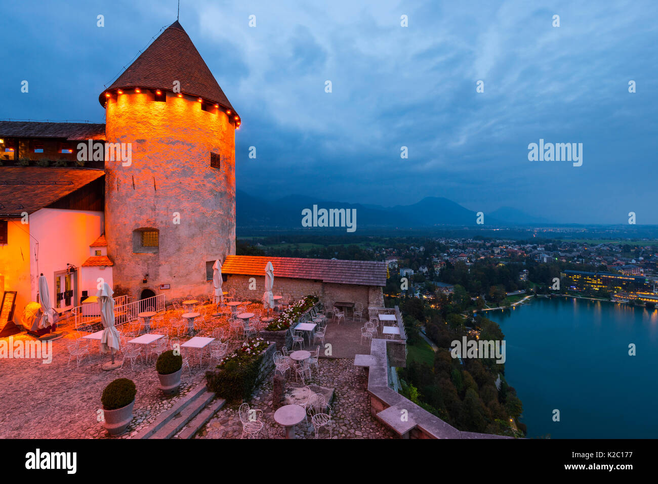 Bled Castle at twilight, Bled, Slovenia, October 2014. Stock Photo