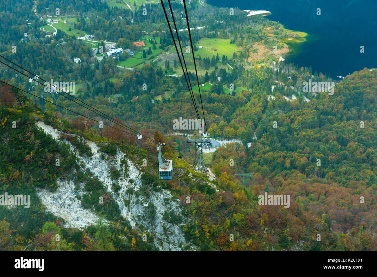 Cable car from Lake Bohinj to a height of 1537 m, Triglav National Park, Julian Alps, Slovenia, October 2014. Stock Photo