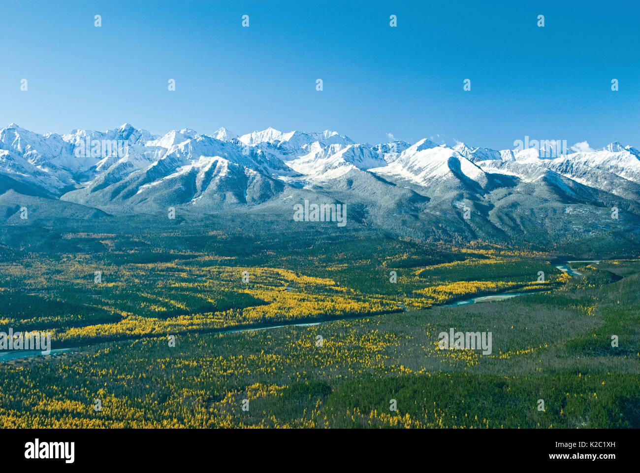 Landscape of mountains and the East Sayan and Ketoy river, Siberia, Russia, October 2010. Stock Photo