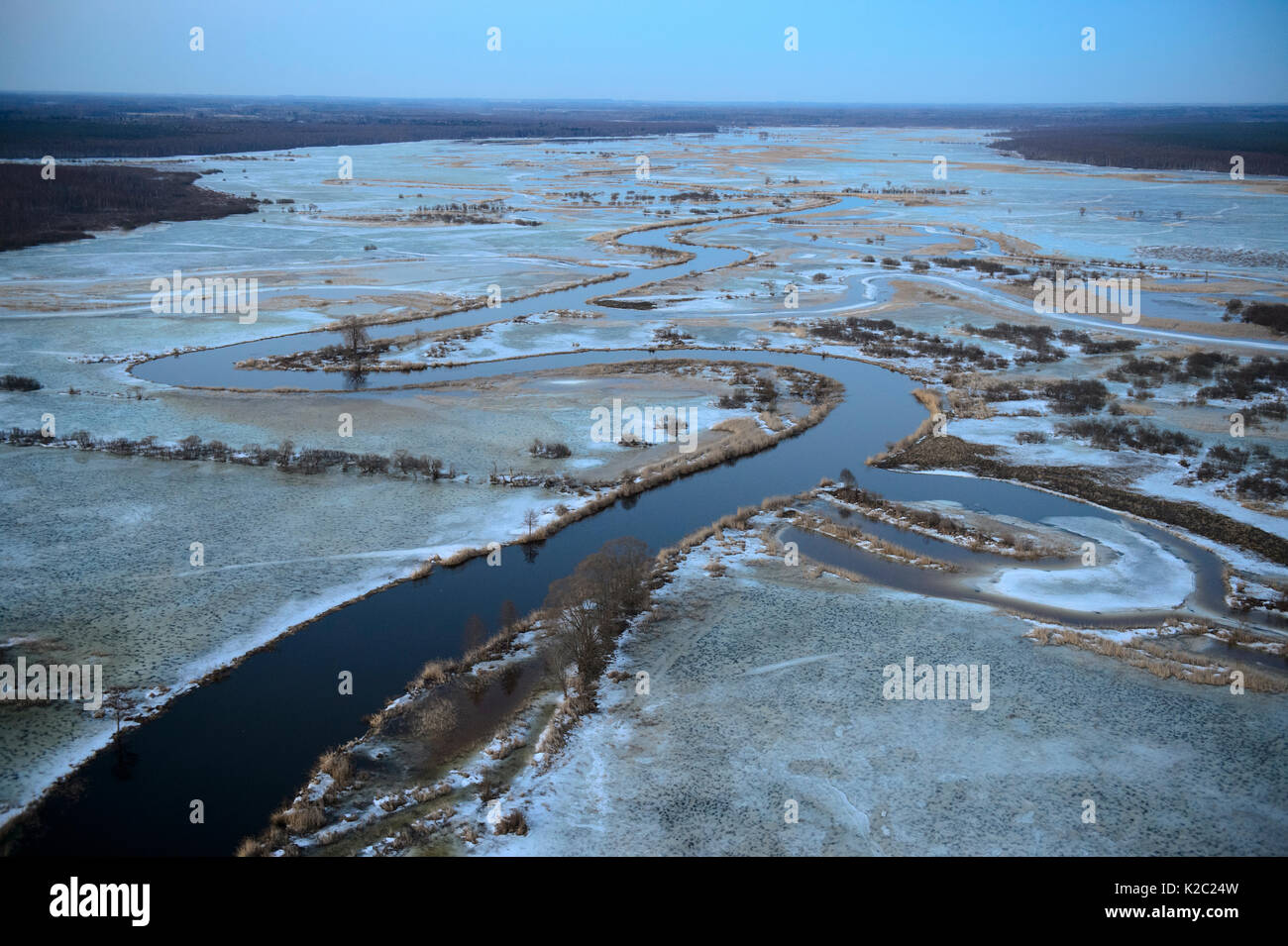 Aerial view of spring flooding,  Suur Emajogi River,  Alam-Pedja Nature Reserve, Tartumaa, Estonia, April 2013. Stock Photo