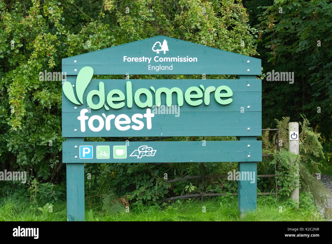 Wooden sign at the entrance to Delamere Forest in Cheshire, England showing the name of the forest, Forestry Commission England and Go Ape Stock Photo