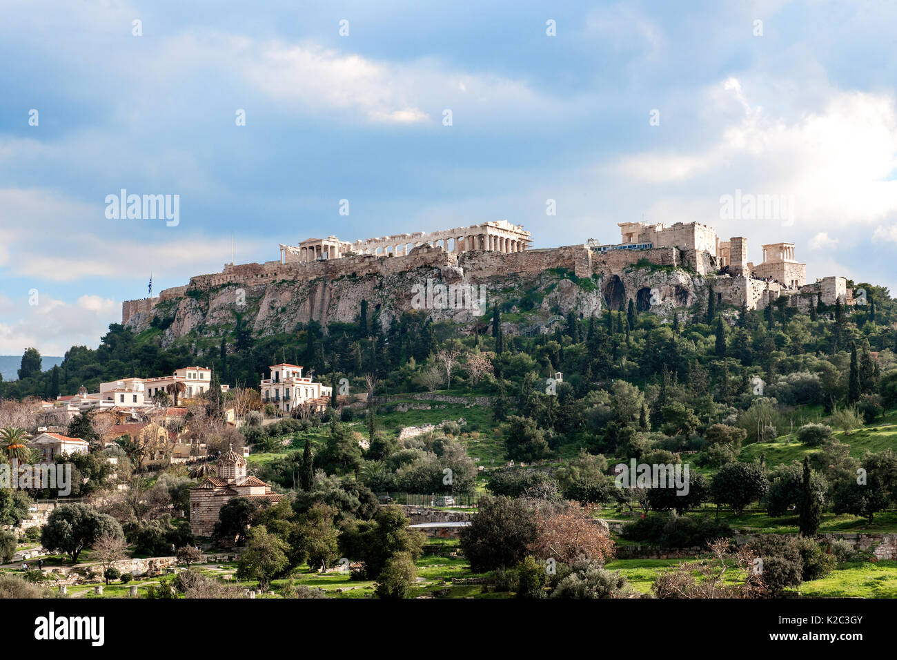 Acropolis Hill and Acropolis of Athens as seen from  Thiseio. In the left hand corner is Plaka, an old historical neighbourhood of Athens, Attica region, Athens, Greece, Mediterranean, January 2011. Stock Photo