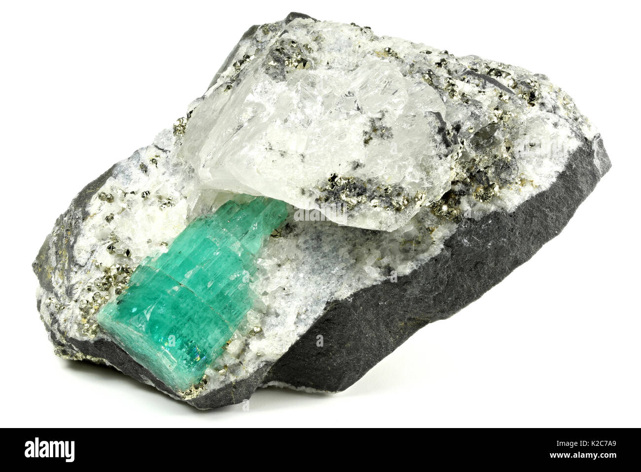 emerald nestled in bedrock found in Chivor/ Colombia Stock Photo